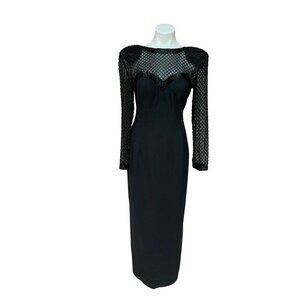 Vintage 80s NWT Evening Gown Maxi Black Beaded Size 6 SMALL